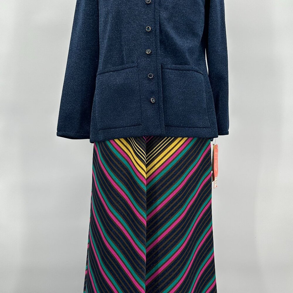 Vintage 1960s Navy Blue Multi Polyester Knit NWT Metallic Thread